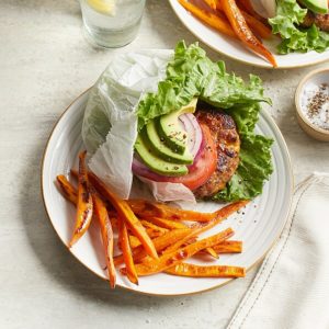 lettuce wrap burger and sweet potato fries