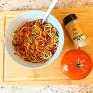 garlic and tomato zoodles with turkey