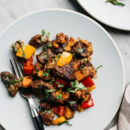 steak bites with sweet potatoes and peppers